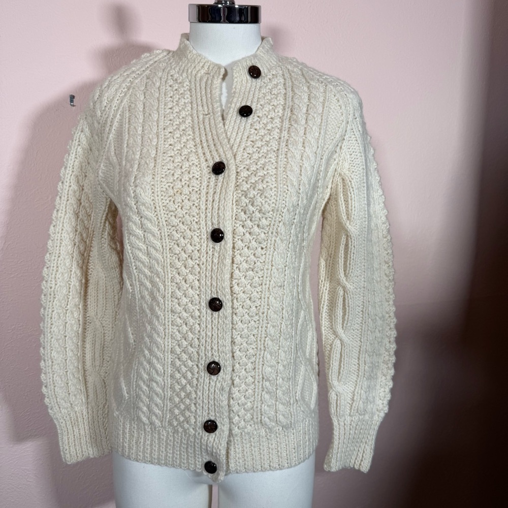 Vintage 1950’s hand knit Cable Knit Irish wool Cream Cardigan sweater fisherman - Picture 6 of 13